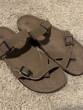 Tan Buckle Slide Sandals